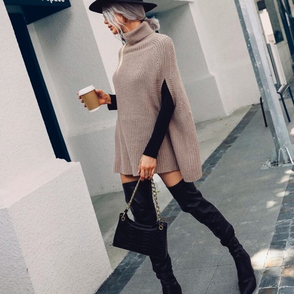 Sweaters - Preppy turtleneck ribbed knit slit poncho sweater cloak sleeve